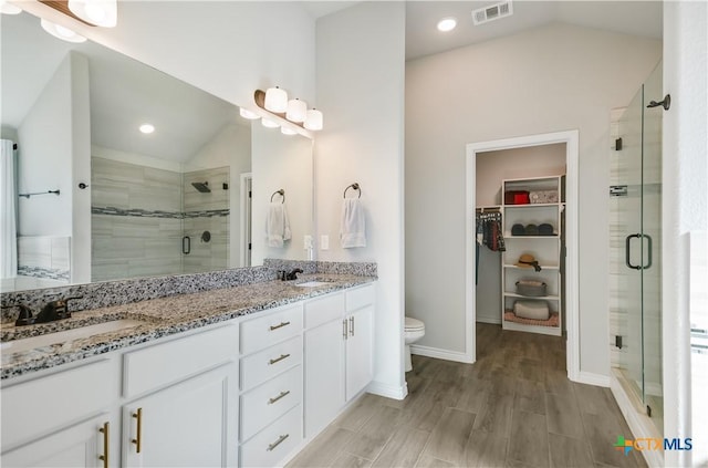 bathroom featuring vanity, toilet, lofted ceiling, and walk in shower