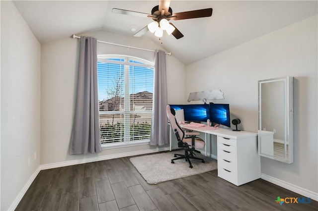 home office with ceiling fan, lofted ceiling, dark wood-type flooring, and a wealth of natural light