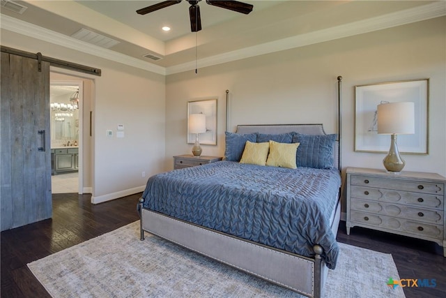 bedroom with recessed lighting, wood finished floors, visible vents, baseboards, and crown molding