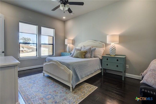 bedroom with ceiling fan, dark wood-style flooring, recessed lighting, and baseboards