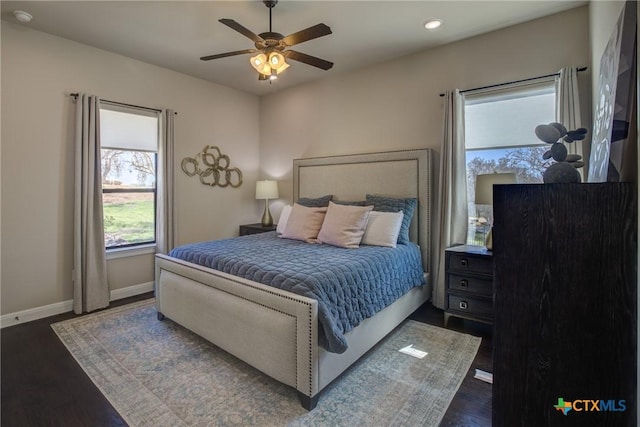 bedroom featuring recessed lighting, dark wood-style flooring, ceiling fan, and baseboards