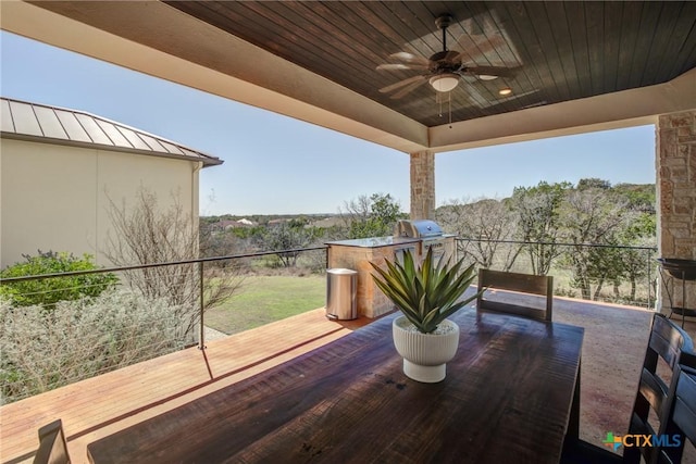 exterior space featuring ceiling fan, an outdoor kitchen, and grilling area