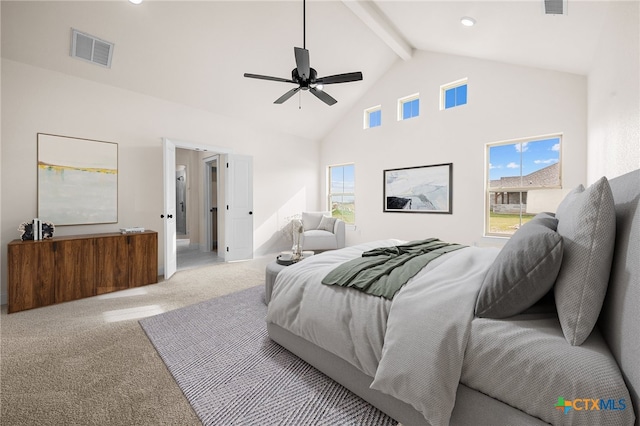 carpeted bedroom featuring multiple windows, ceiling fan, beamed ceiling, and high vaulted ceiling