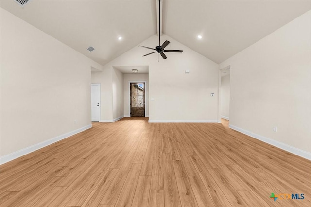 unfurnished living room with ceiling fan, light wood finished floors, beam ceiling, and baseboards