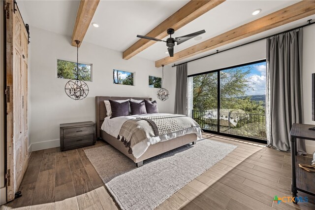 bedroom featuring access to outside, ceiling fan, beam ceiling, and wood-type flooring