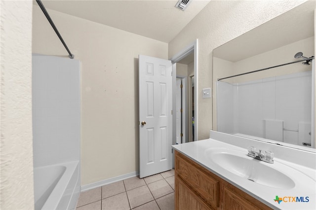 bathroom featuring bathtub / shower combination, vanity, and tile patterned floors