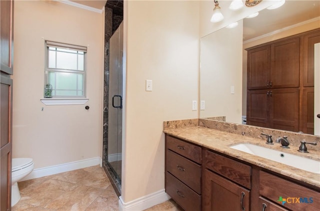 4360 Flint Oak Dr, Belton, TX 76513 - bathroom featuring crown molding, vanity, a stall shower, baseboards, and toilet