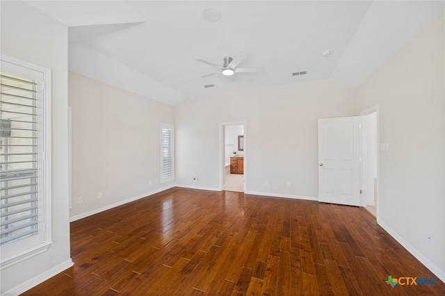 20904 Apache Plum Ln, Pflugerville, TX 78660 - unfurnished room with a ceiling fan, lofted ceiling, wood finished floors, and baseboards