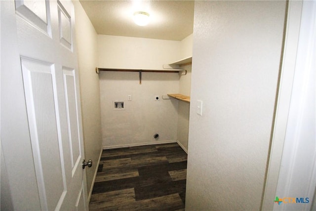 laundry room with hookup for an electric dryer, dark wood-type flooring, and hookup for a washing machine