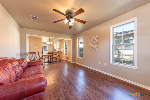 living room with plenty of natural light, dark hardwood / wood-style floors, and ceiling fan with notable chandelier