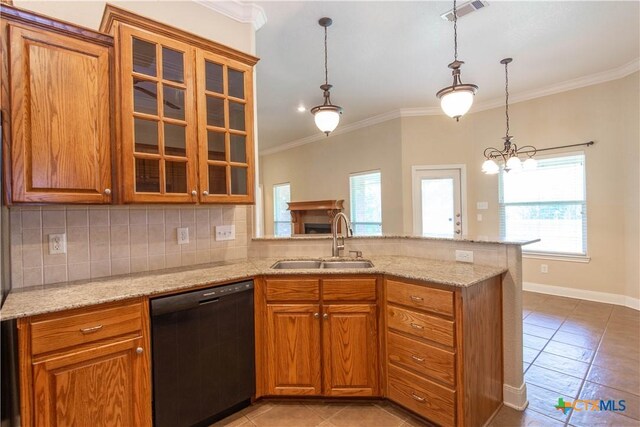 2210 Addax Trl, Harker Heights, TX 76548 - kitchen featuring black dishwasher, light tile patterned flooring, brown cabinets, a peninsula, and plenty of natural light