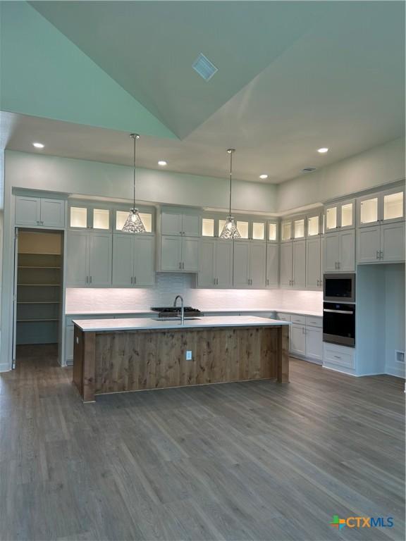 5903 Whippoorwill Rd, Temple, TX 76502 - kitchen with stainless steel appliances, a spacious island, dark wood-type flooring, recessed lighting, and tasteful backsplash