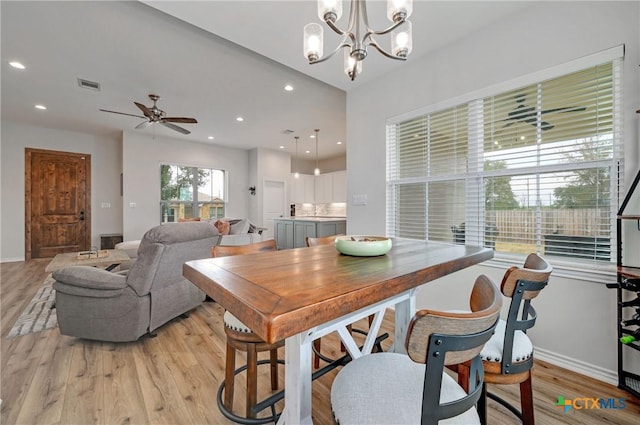 1512 Stonecrest Dr, Granite Shoals, TX 78654 - dining space featuring light wood-type flooring, a chandelier, baseboards, recessed lighting, and ceiling fan