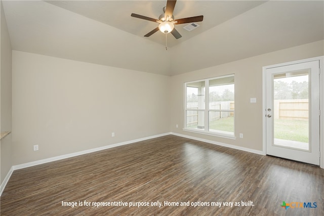 unfurnished room with vaulted ceiling, ceiling fan, and dark hardwood / wood-style flooring