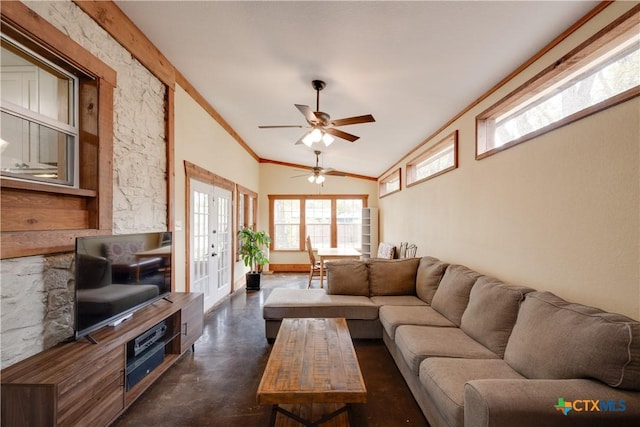 living room featuring french doors, high vaulted ceiling, ceiling fan, and crown molding