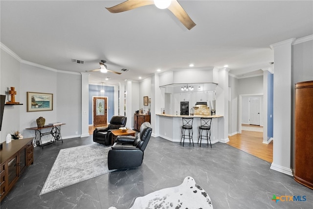 living room featuring dark wood-type flooring and crown molding