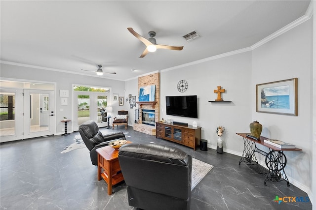 living room featuring a fireplace, ceiling fan, french doors, and ornamental molding