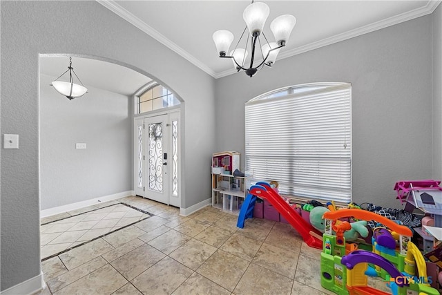 2515 Alpine Fir Dr, Harker Heights, TX 76548 - rec room with ornamental molding, a chandelier, and arched walkways