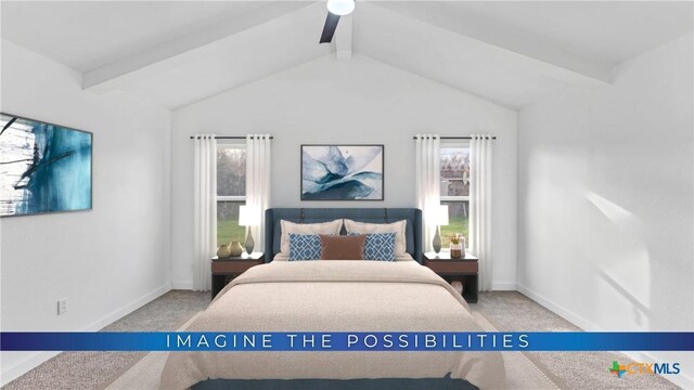 414 Ellis St, Seguin, TX 78155 - carpeted bedroom featuring baseboards and vaulted ceiling with beams