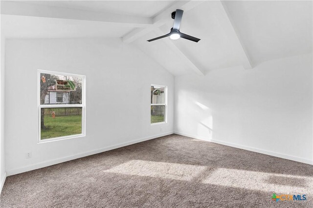 414 Ellis St, Seguin, TX 78155 - carpeted spare room featuring lofted ceiling with beams, ceiling fan, and baseboards