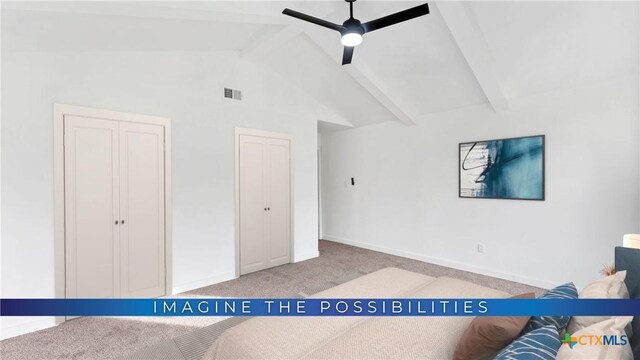 414 Ellis St, Seguin, TX 78155 - unfurnished bedroom with lofted ceiling with beams, baseboards, visible vents, and carpet