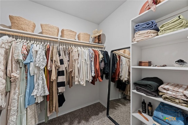 spacious closet featuring vaulted ceiling and carpet flooring