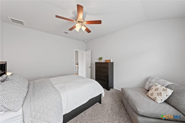 carpeted bedroom featuring lofted ceiling and ceiling fan