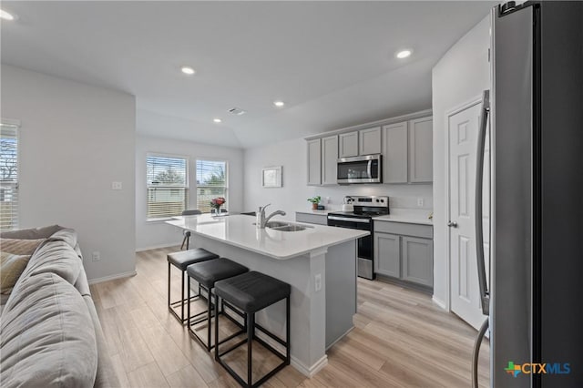 kitchen with stainless steel appliances, gray cabinets, sink, and a center island with sink