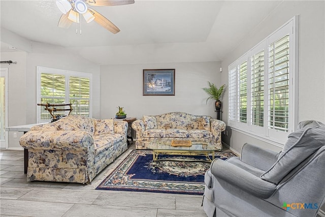 504 Surghnor St, Belton, TX 76513 - living room with healthy amount of natural light, a ceiling fan, and lofted ceiling