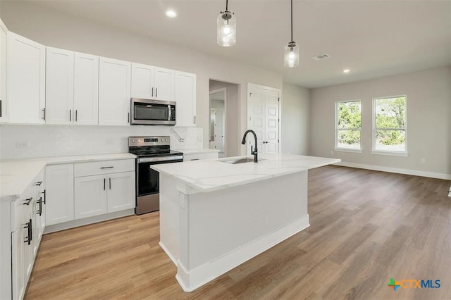 kitchen with white cabinetry, sink, a kitchen island with sink, and appliances with stainless steel finishes