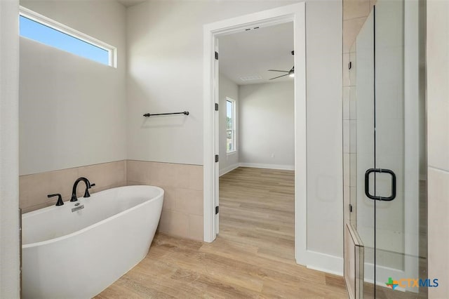 bathroom with shower with separate bathtub, hardwood / wood-style flooring, ceiling fan, and tile walls