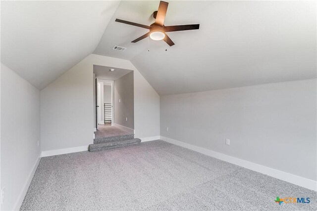 2109 Park View Dr, Marble Falls, TX 78654 - additional living space featuring a ceiling fan, carpet floors, lofted ceiling, and baseboards