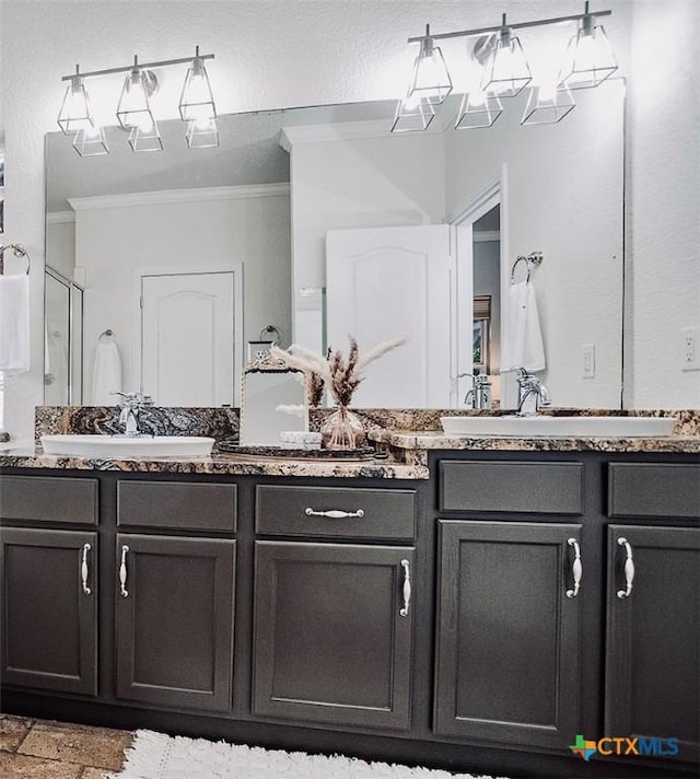 2788 Morning Moon, New Braunfels, TX 78132 - full bathroom featuring ornamental molding, double vanity, and a stall shower