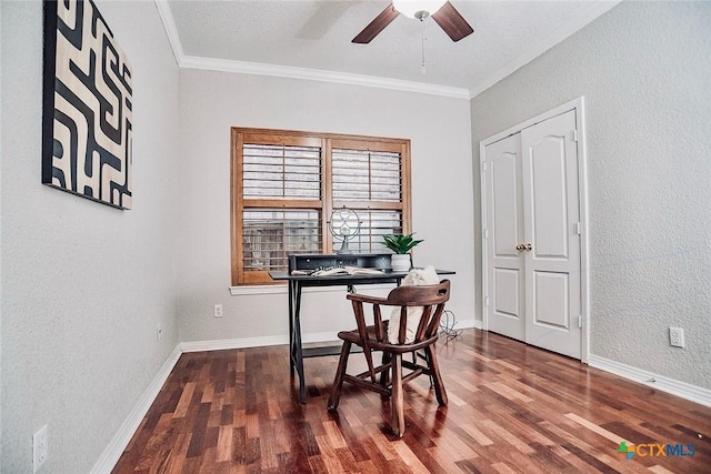 2788 Morning Moon, New Braunfels, TX 78132 - office space with wood finished floors, ceiling fan, crown molding, baseboards, and a textured wall
