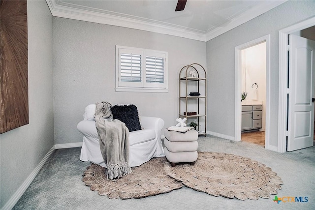 2788 Morning Moon, New Braunfels, TX 78132 - living area featuring ornamental molding, carpet floors, baseboards, and ceiling fan