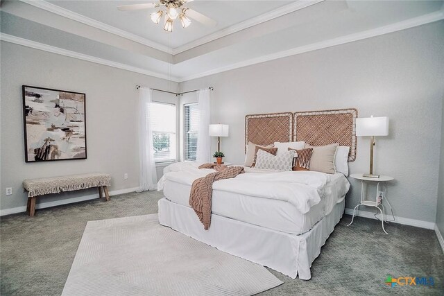 2788 Morning Moon, New Braunfels, TX 78132 - bedroom featuring carpet flooring, baseboards, crown molding, and a ceiling fan