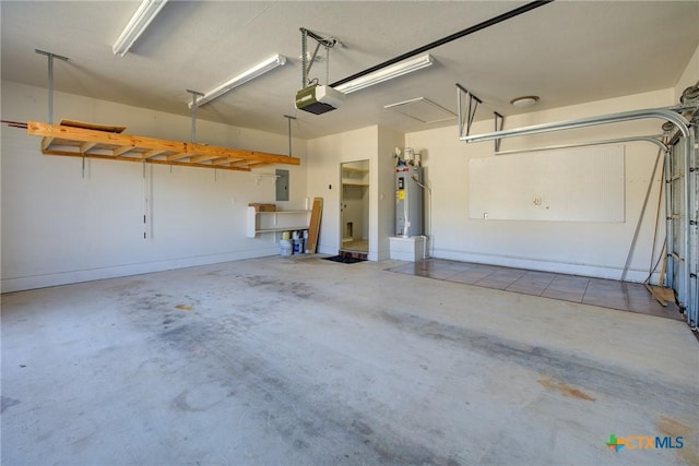 garage with a garage door opener, electric panel, and water heater