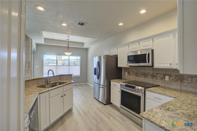 kitchen with sink, appliances with stainless steel finishes, white cabinetry, tasteful backsplash, and a tray ceiling