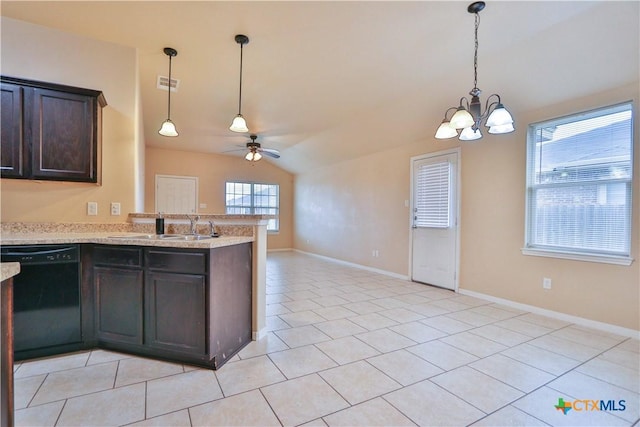 kitchen featuring dishwasher, light tile patterned floors, ceiling fan with notable chandelier, and sink