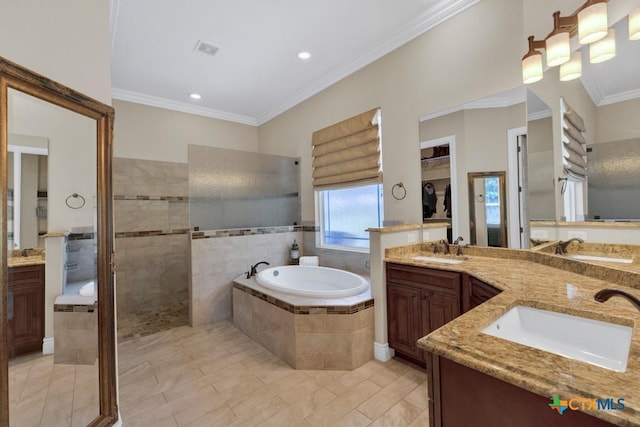 full bath with crown molding, a sink, and a bath