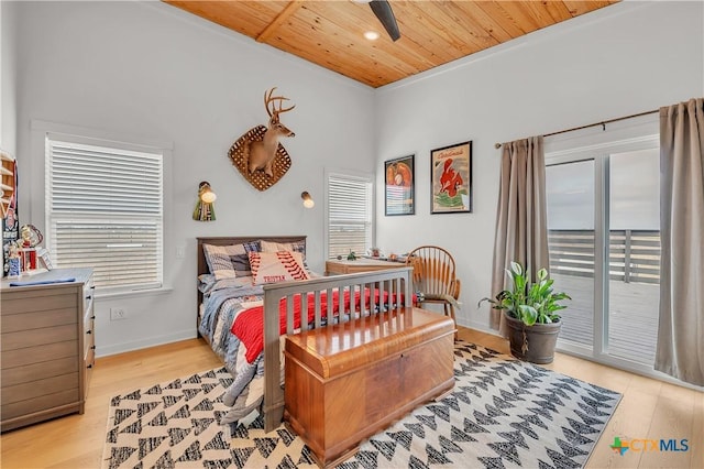 bedroom with wooden ceiling, multiple windows, access to outside, and ceiling fan