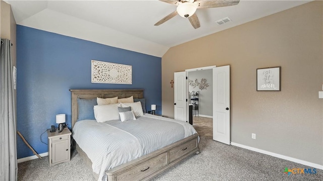 3616 Blue Cloud Dr, New Braunfels, TX 78130 - bedroom with vaulted ceiling, light colored carpet, baseboards, and ceiling fan