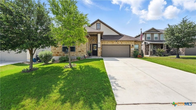 3616 Blue Cloud Dr, New Braunfels, TX 78130 - view of front of home featuring a garage, a front yard, driveway, and stone siding