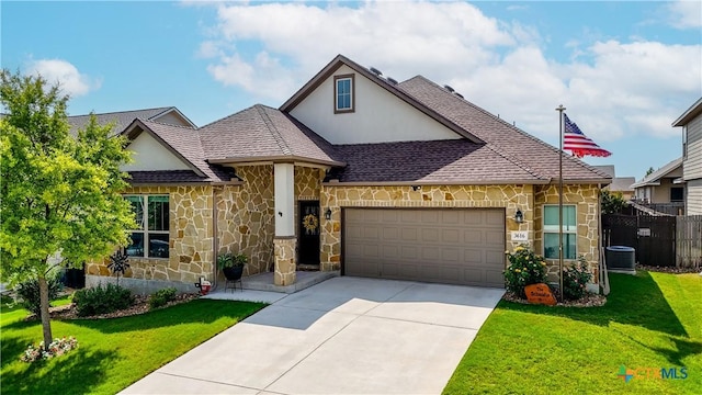 3616 Blue Cloud Dr, New Braunfels, TX 78130 - view of front of house featuring stone siding, a garage, concrete driveway, and central air condition unit