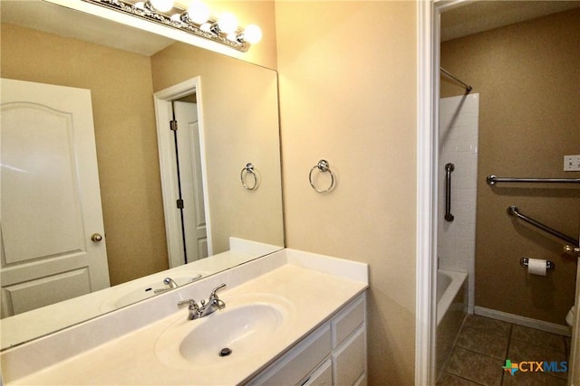 bathroom with vanity, tile patterned floors, and tub / shower combination