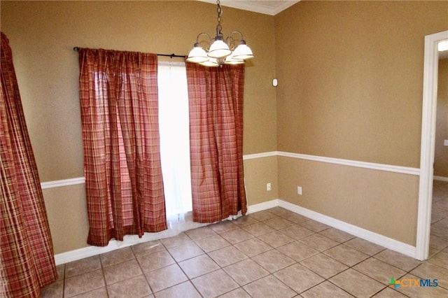 unfurnished dining area featuring tile patterned flooring and an inviting chandelier