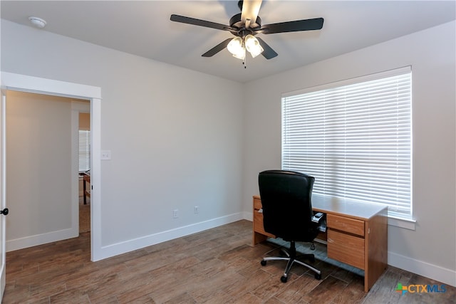 office area featuring hardwood / wood-style flooring and ceiling fan