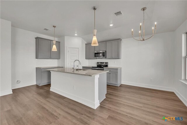 kitchen featuring pendant lighting, dark hardwood / wood-style flooring, a center island with sink, and sink