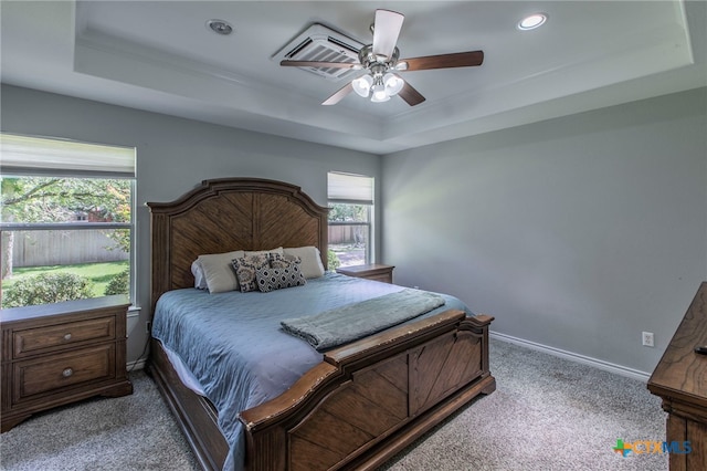 11503 Meredith Dr, Belton, TX 76513 - carpeted bedroom featuring a raised ceiling, ceiling fan, and recessed lighting