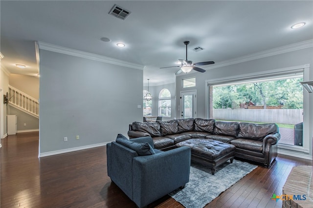 11503 Meredith Dr, Belton, TX 76513 - living room with dark wood-style floors, a ceiling fan, ornamental molding, stairs, and recessed lighting